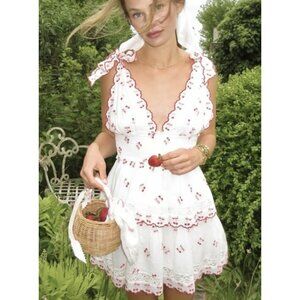 LOVESHACKFANCY Soira Cotton Cherry Mini Dress in Optic White Size Medium